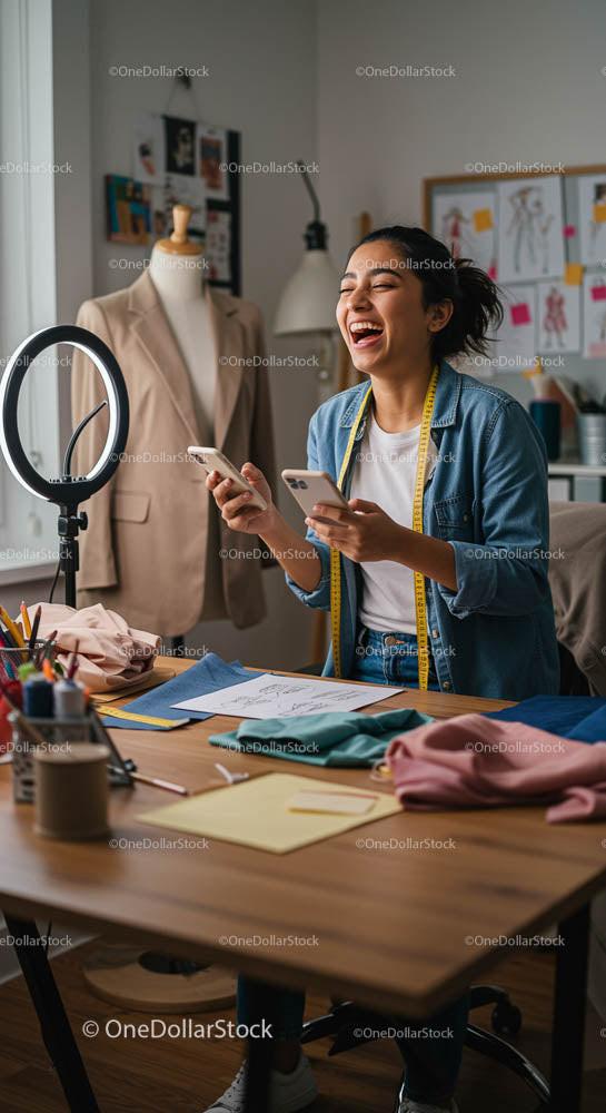 Joyful Fashion Designer Working in a Creative Studio