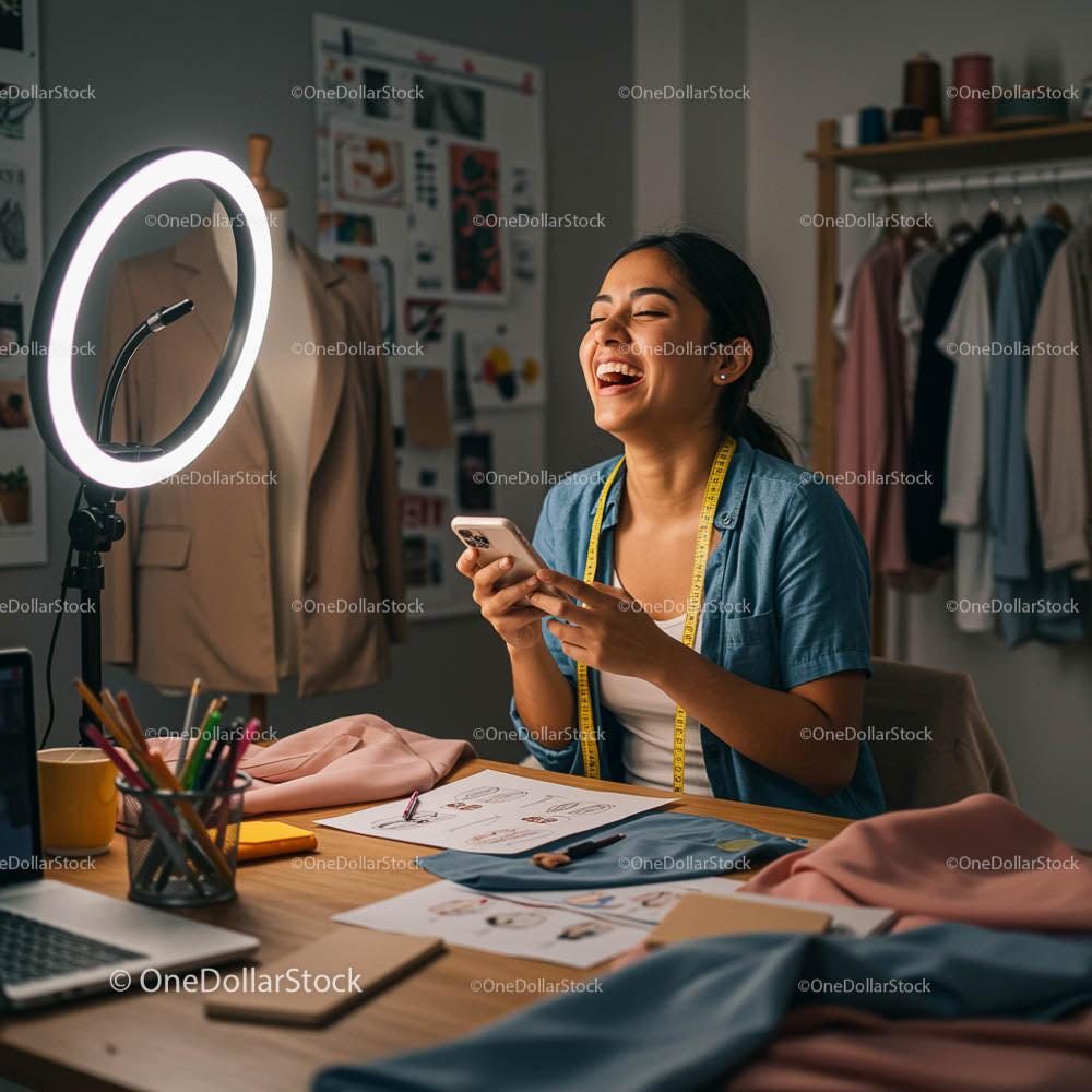 Fashion Designer Laughing While Checking Smartphone