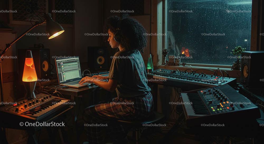 Nighttime Music Production in Cozy Home Studio