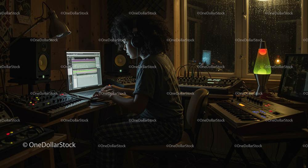 Focused Musician in Cozy Home Studio at Night