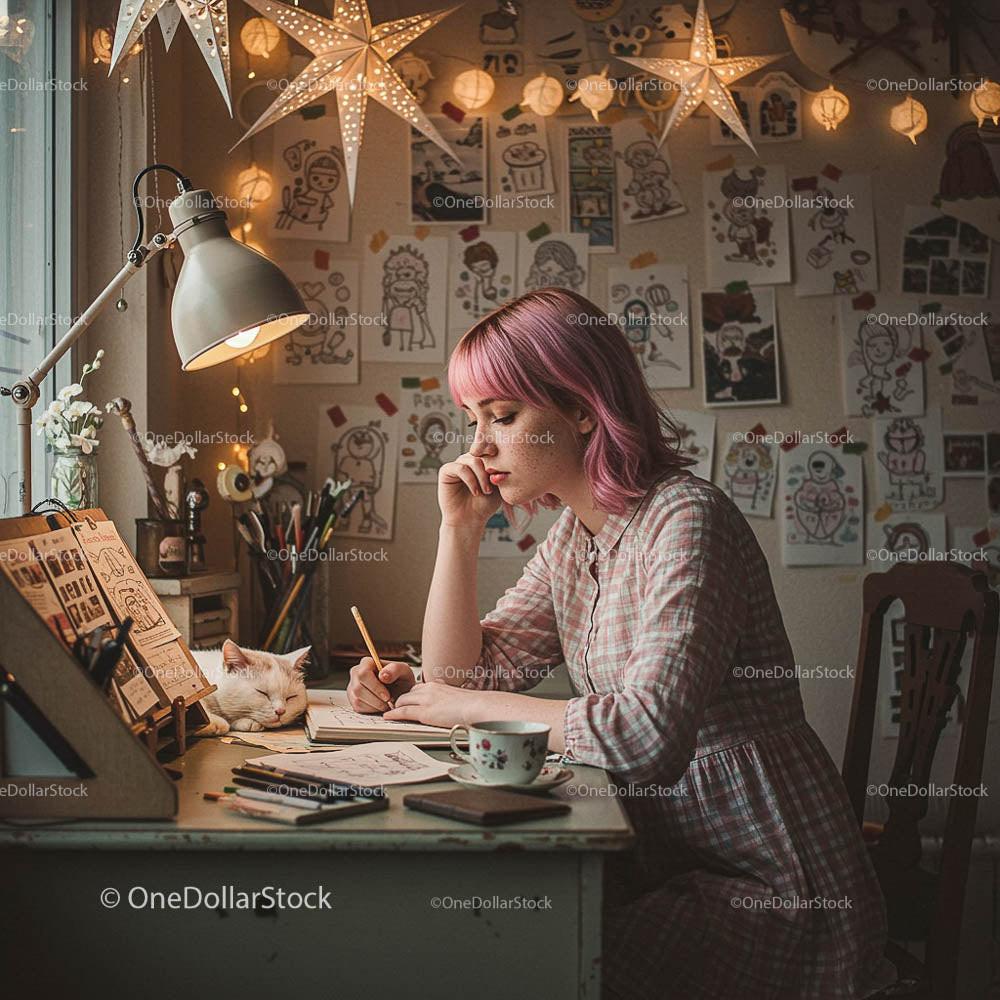 Young Woman Sketching in a Cozy Artistic Workspace
