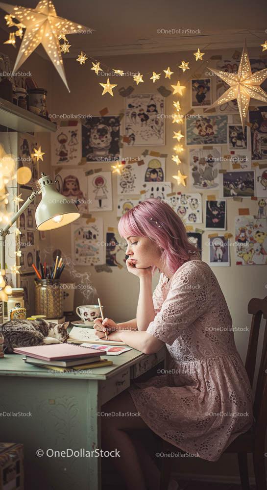 Young Woman Sketching in Cozy, Starry Room