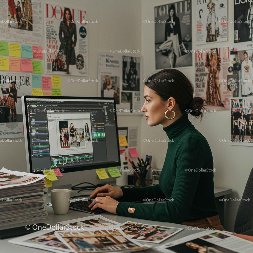Fashion Designer Editing Photos on Computer in Modern Office