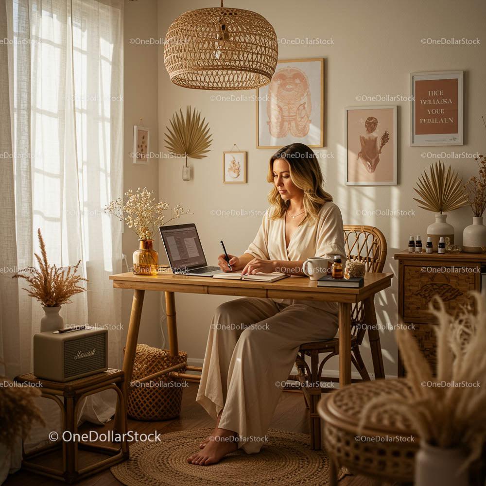 Woman Working in Sunlit Bohemian Style Home Office