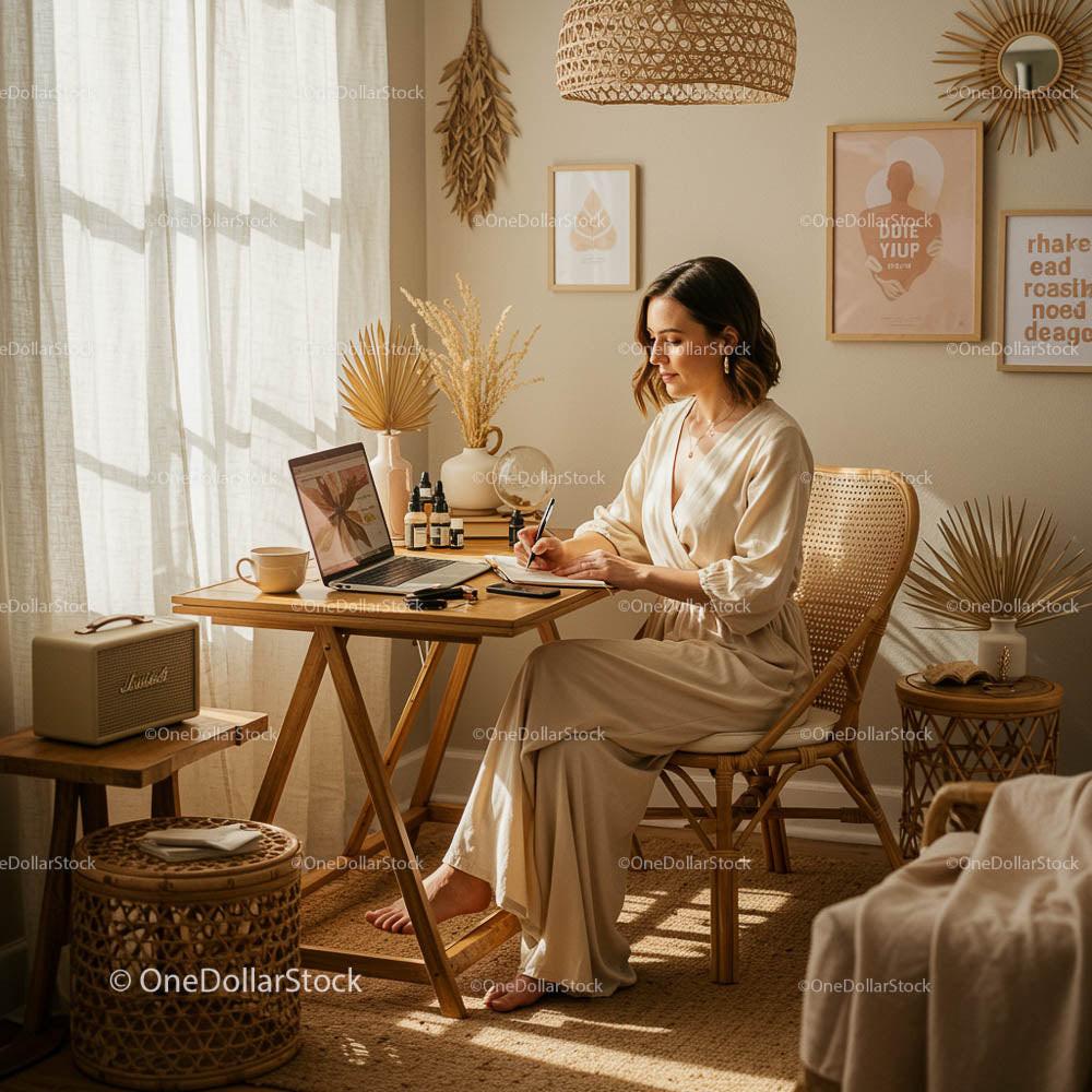 Woman Working in Stylish Minimalist Home Office