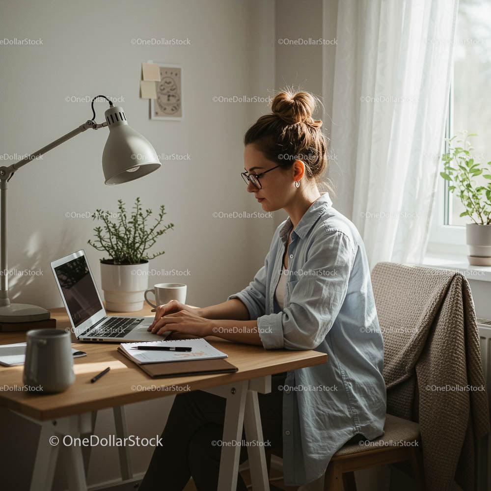 Woman Working on Laptop in Cozy Home Office with Plants