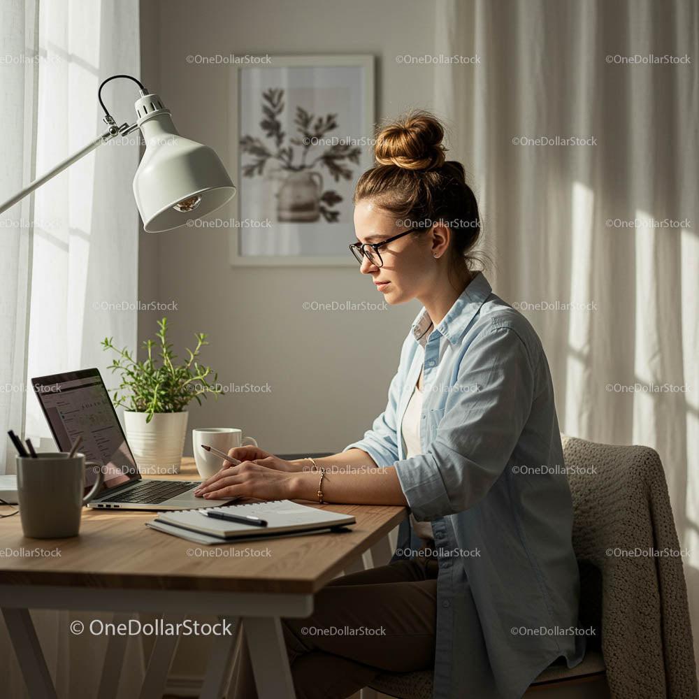 Woman Working at Home Office Desk with Laptop
