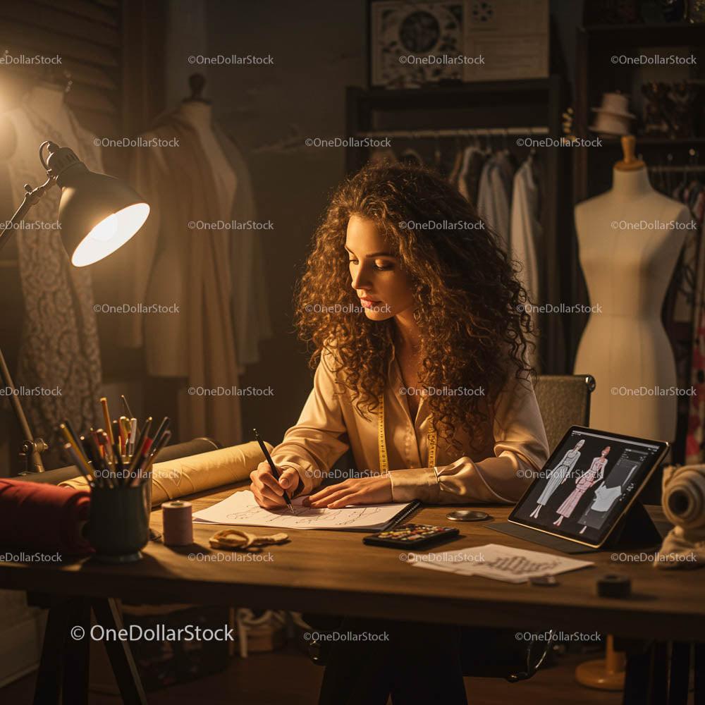 Fashion Designer Sketching in a Creative Studio at Night