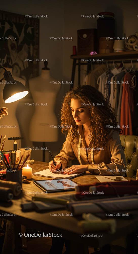 Fashion Designer Sketching in Candlelit Studio