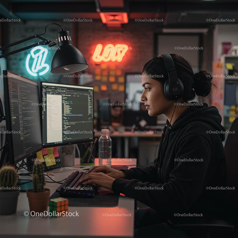 Focused Female Programmer Working on Code in Modern Office
