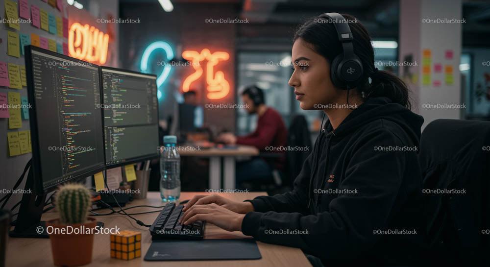 Focused Software Developer Working on Code at Dual Monitors