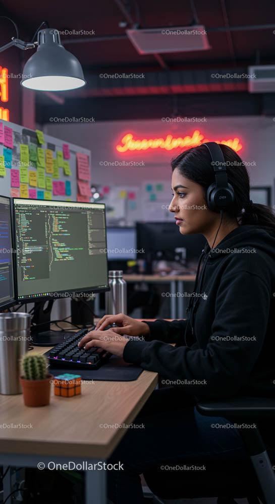 Focused Software Developer Coding at Night in Modern Office