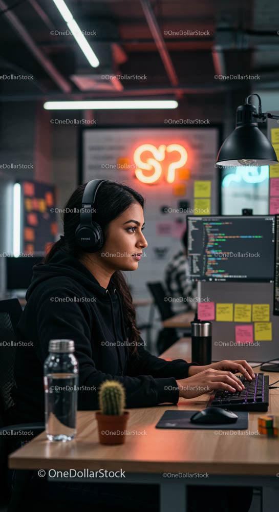 Focused Female Coder Working in Modern Tech Office at Night