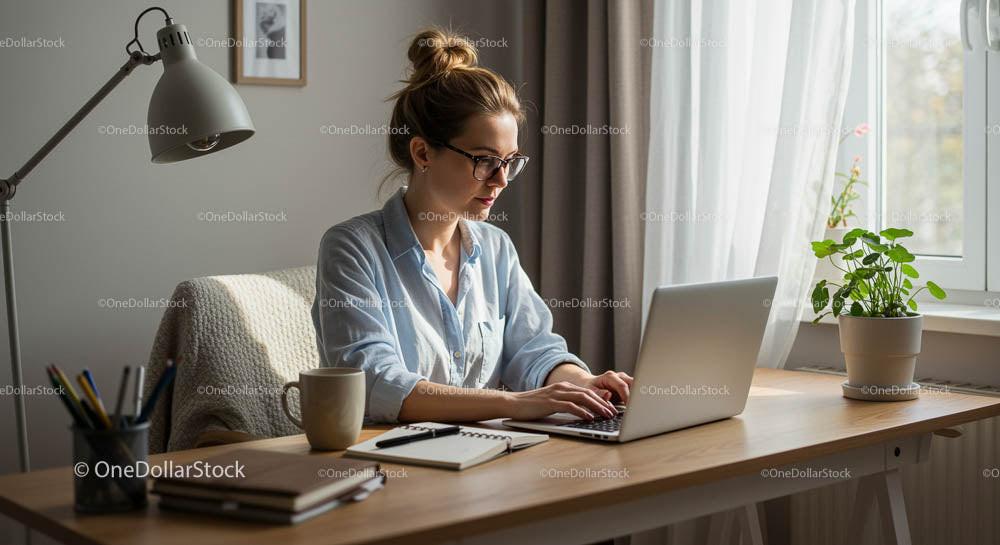 Woman Working on Laptop in Cozy Home Office