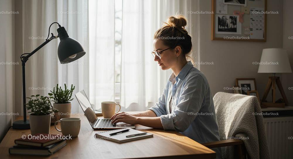 Woman Working on Laptop in Cozy Home Office with Plants