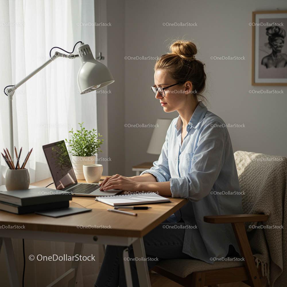 Woman Working on Laptop in Cozy Home Office Setting