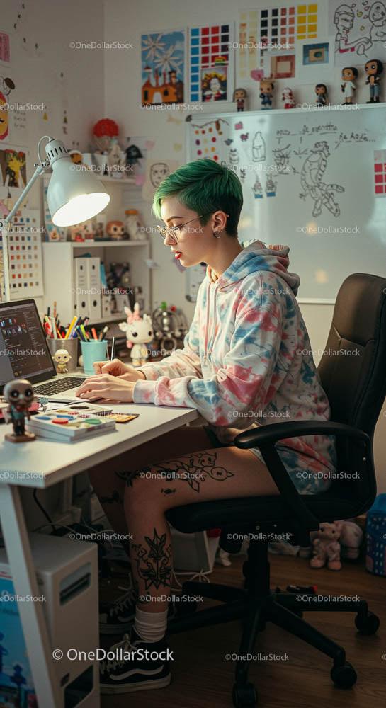 Tattooed Digital Artist with Green Hair in Creative Workspace