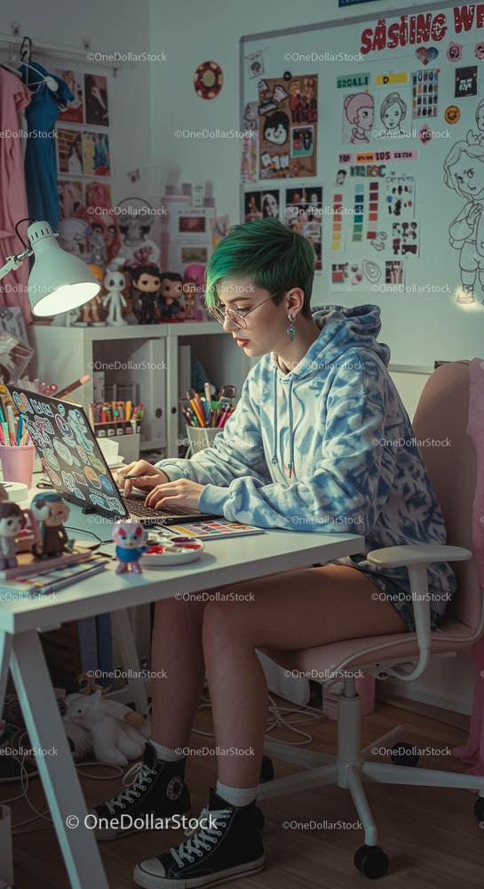 Young Artist Working on Laptop in Creative Home Office