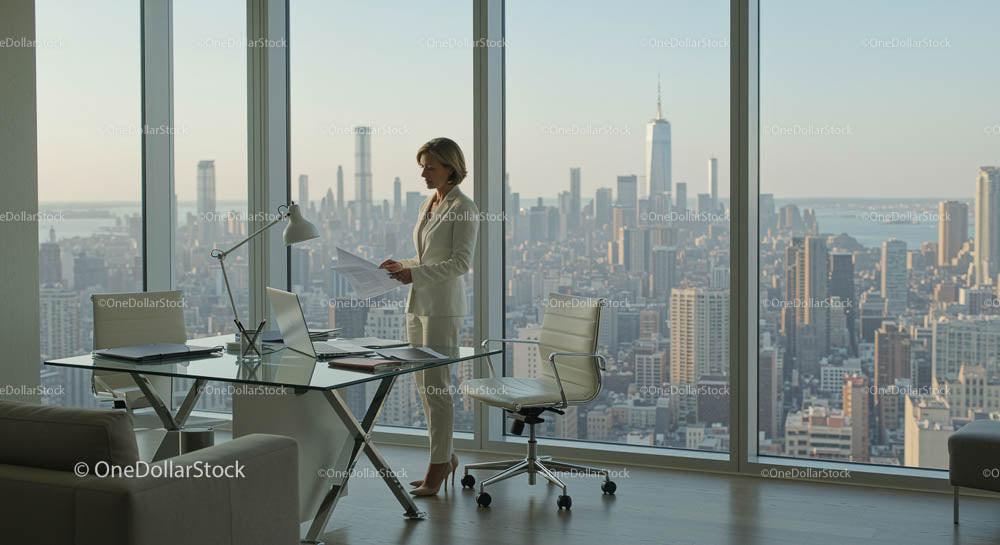 Businesswoman Standing in Elegant Office Overlooking NYC Skyline