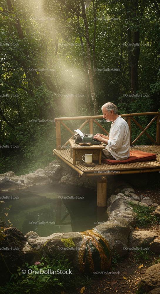 Elderly Writer Seated on Wooden Deck in Sunlit Forest