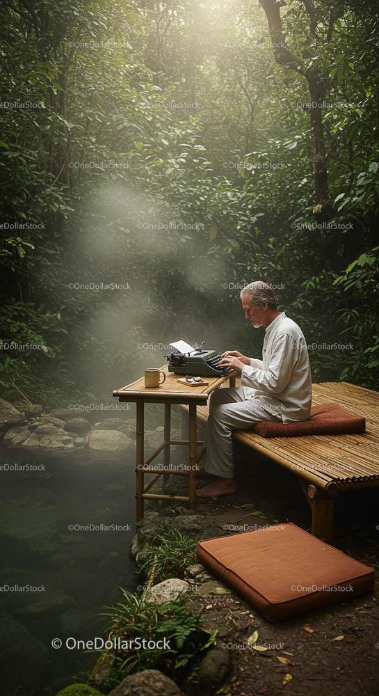 Man Writing at a Typewriter in Forest Retreat