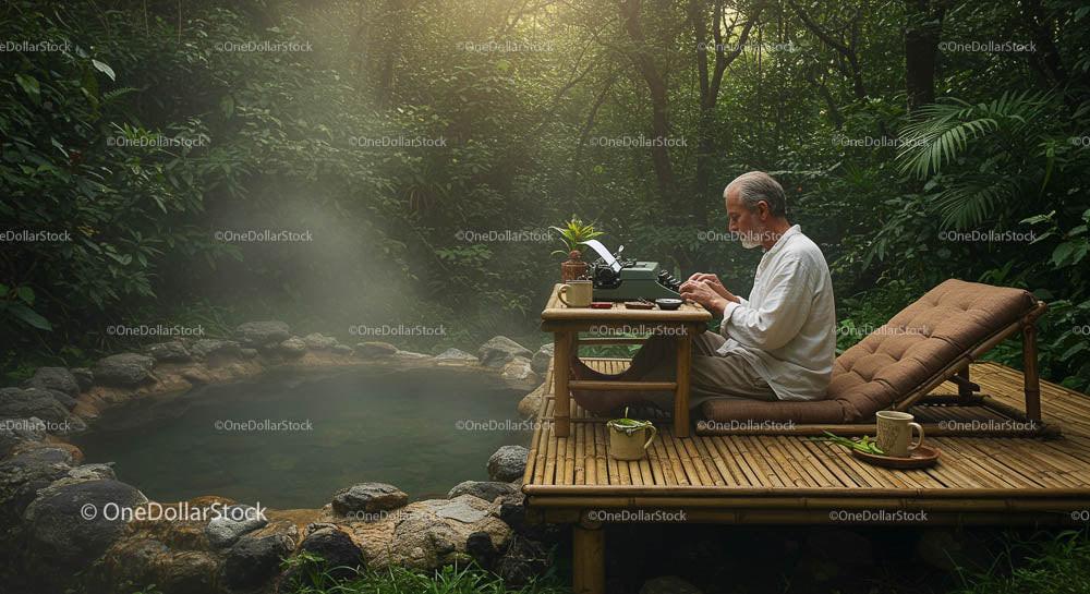 Man Typing Outdoors by a Tranquil Jungle Hot Spring