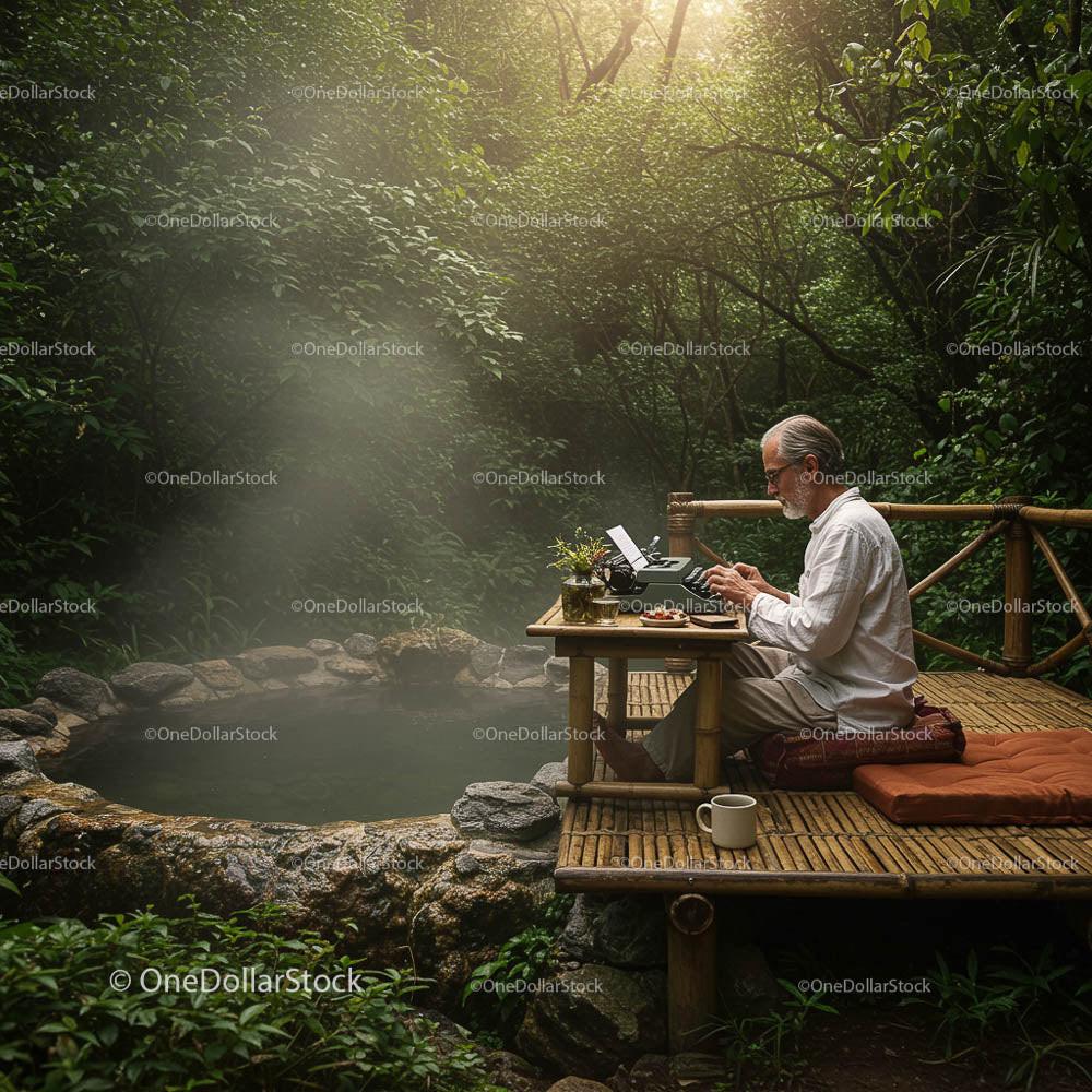 Man Typing on Typewriter in Serene Forest Retreat