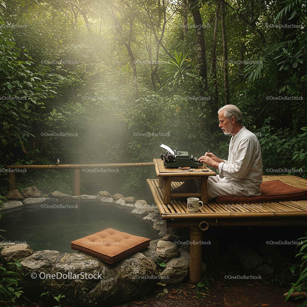 Elderly Writer on Bamboo Deck in Lush Forest, Morning Light