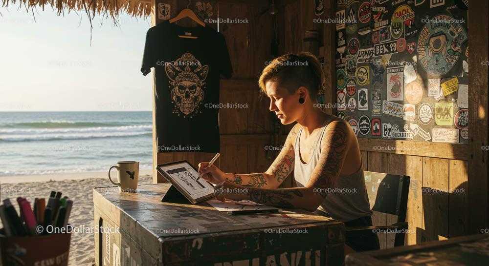 Digital Artist Sketching in a Beachside Workspace at Sunset