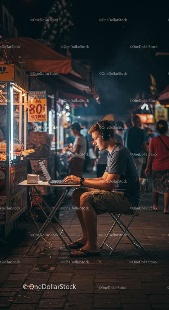 Digital Nomad Working at a Busy Night Market