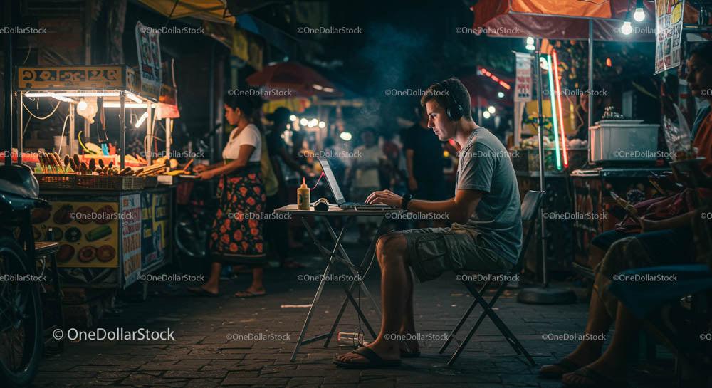 Digital Nomad Working at Night Market with Street Food Stalls