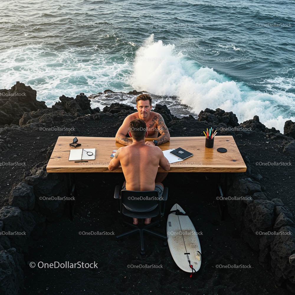 Remote Outdoor Office by the Ocean on a Black Sand Beach