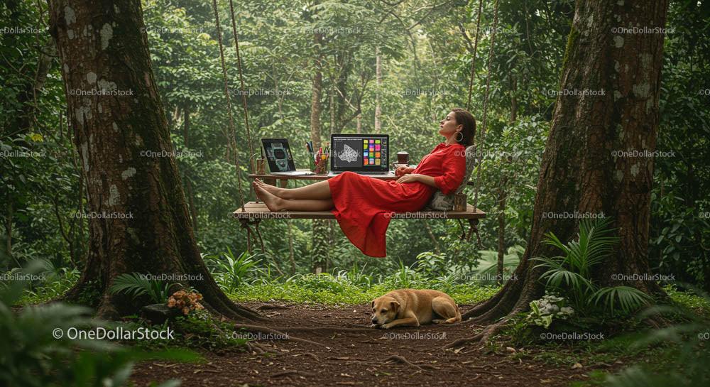 Woman Relaxing on Tree Swing with Laptops in Forest