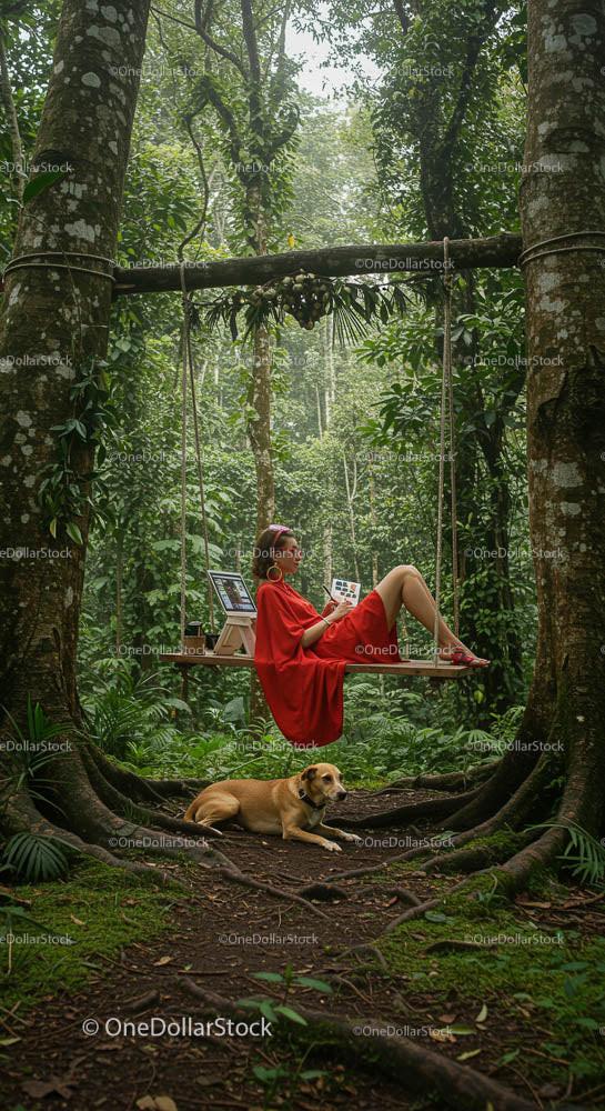 Woman Relaxing on Swing with Tablet in Lush Tropical Jungle
