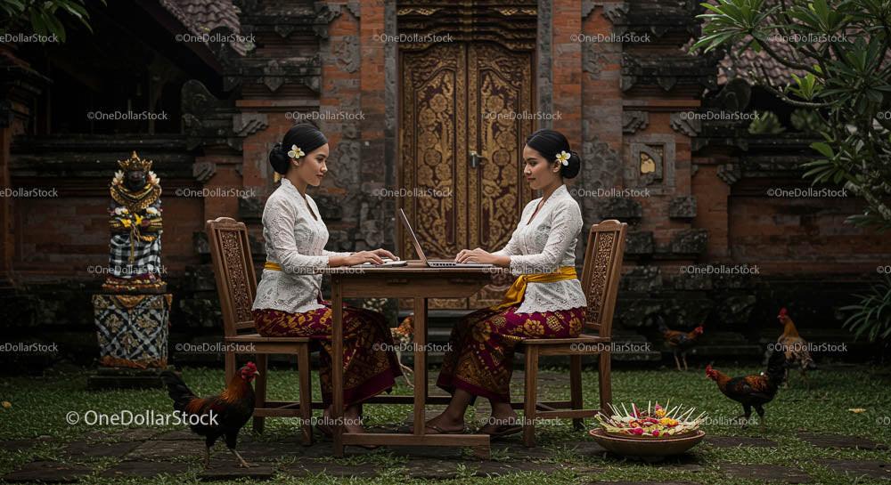 Balinese Women in Traditional Dress Working Outdoors