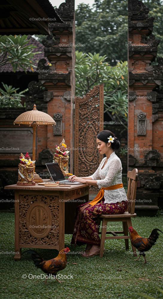 Traditional Balinese Woman Working in Serene Garden