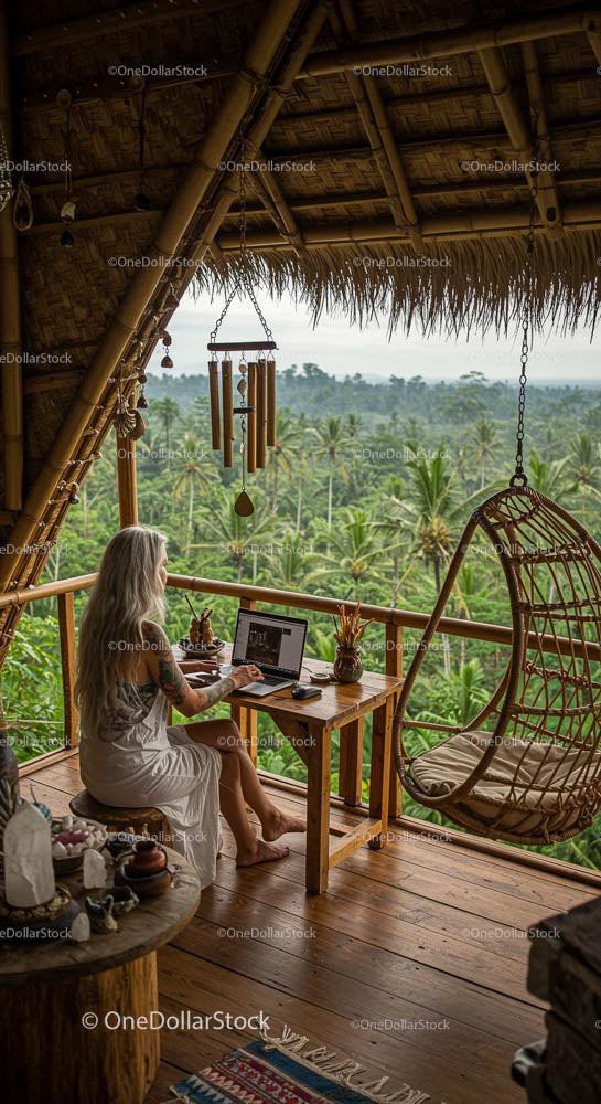 Woman Working Remotely on Balcony Overlooking Tropical Forest