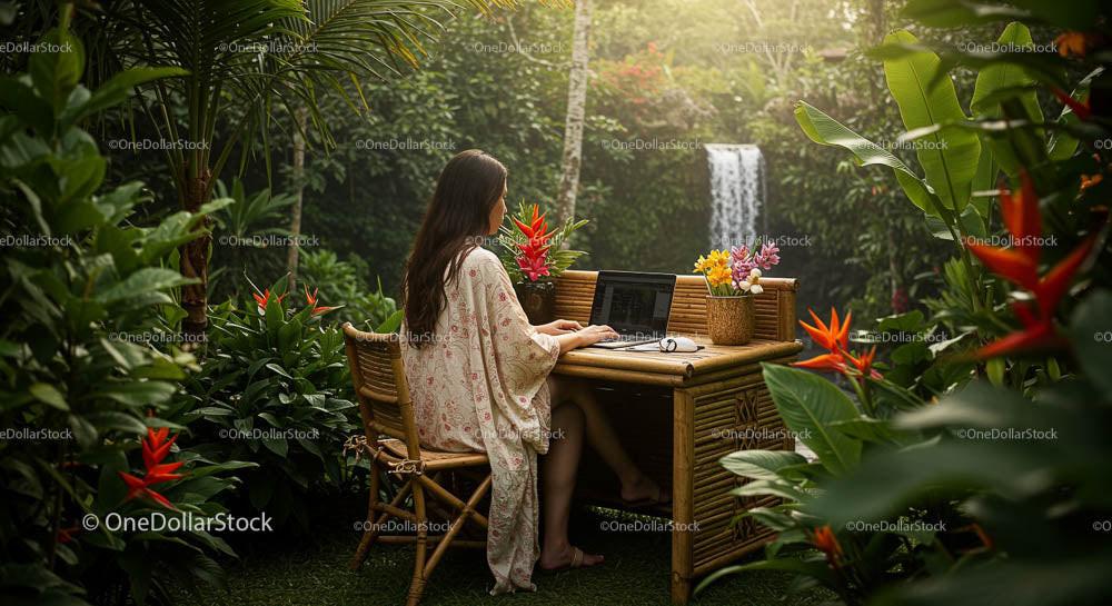 Woman Working Remotely in Tropical Garden with Waterfall