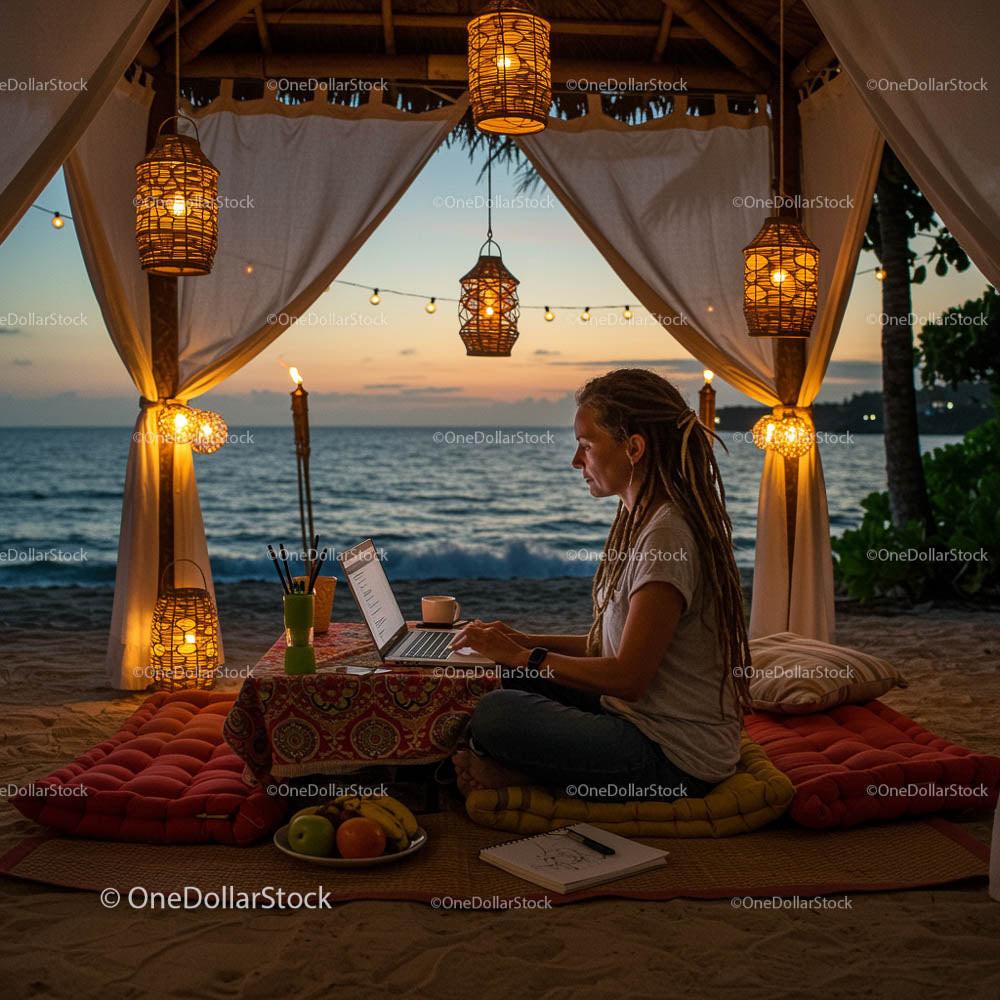 Remote Work in Cozy Beachfront Setting at Sunset