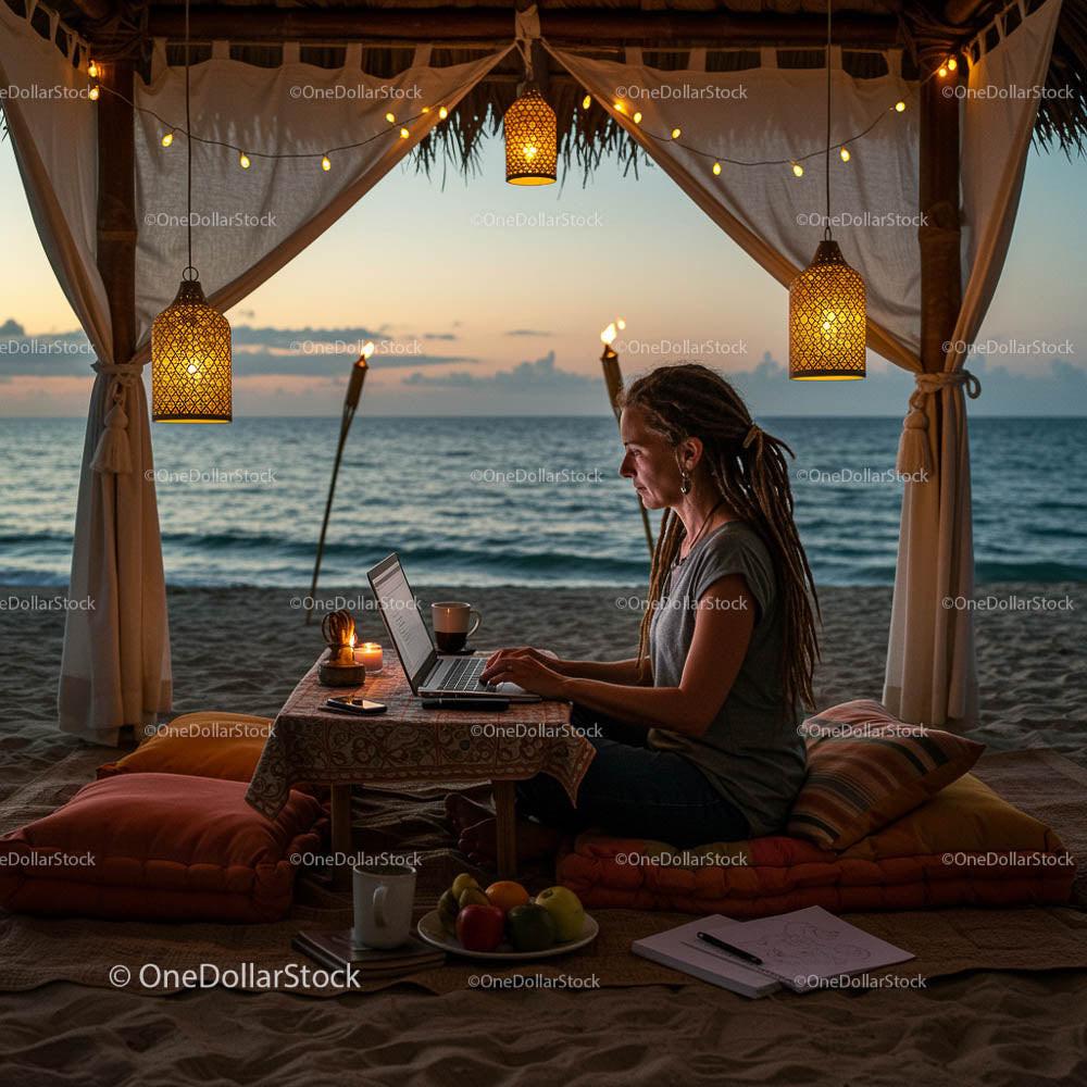 Digital Nomad Working at Beachside Pavilion during Sunset