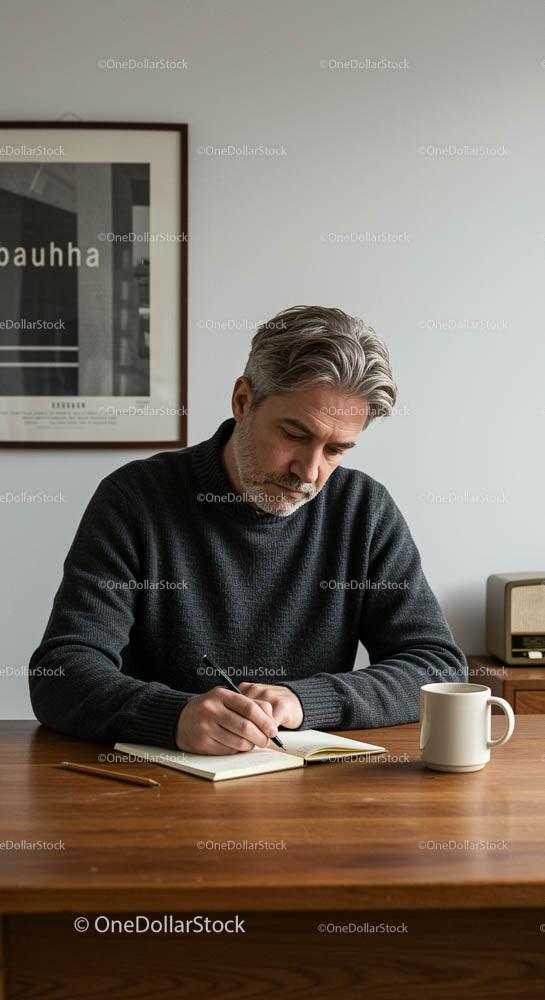 Mature Man Journaling at Wooden Table with Coffee Mug