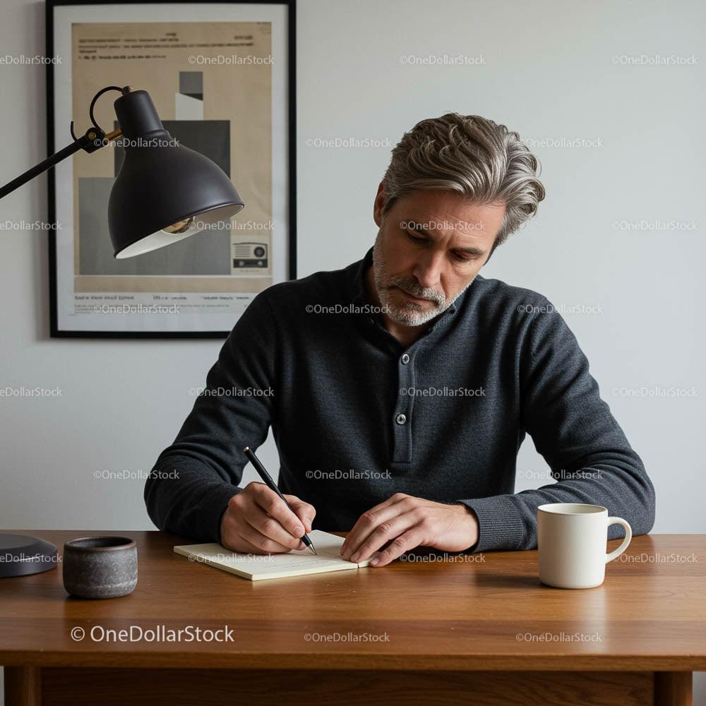 Man Writing Notes at Wooden Desk in Minimalist Office