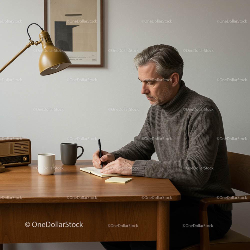 Man Writing at Desk in Cozy Minimalist Workspace