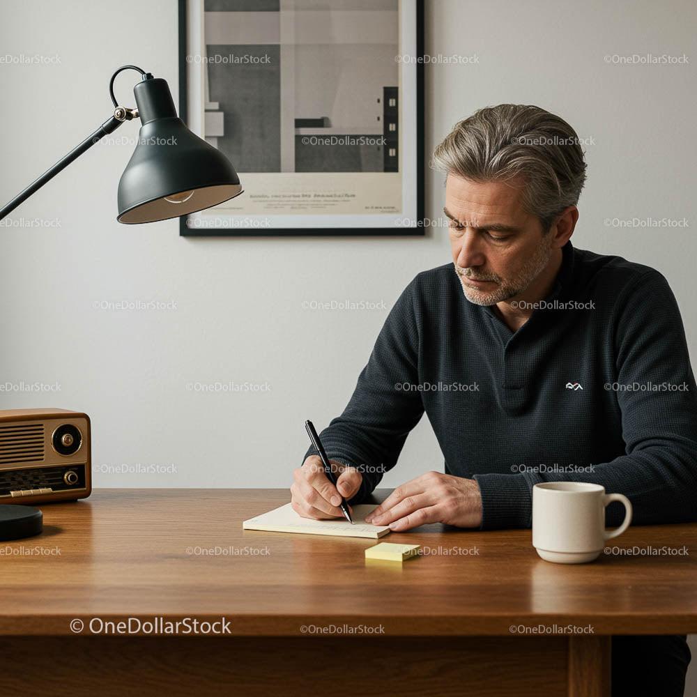 Man Writing at Desk in Stylish Minimalist Workspace