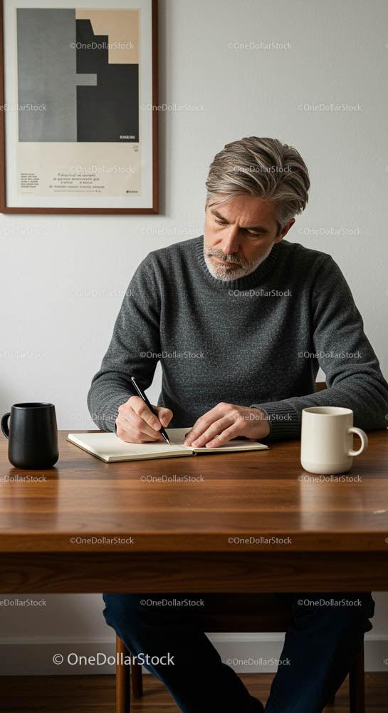 Mature Man Writing in Notebook at Minimalist Desk