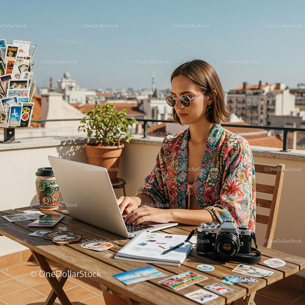 Freelance Woman Working on Laptop from Rooftop Terrace