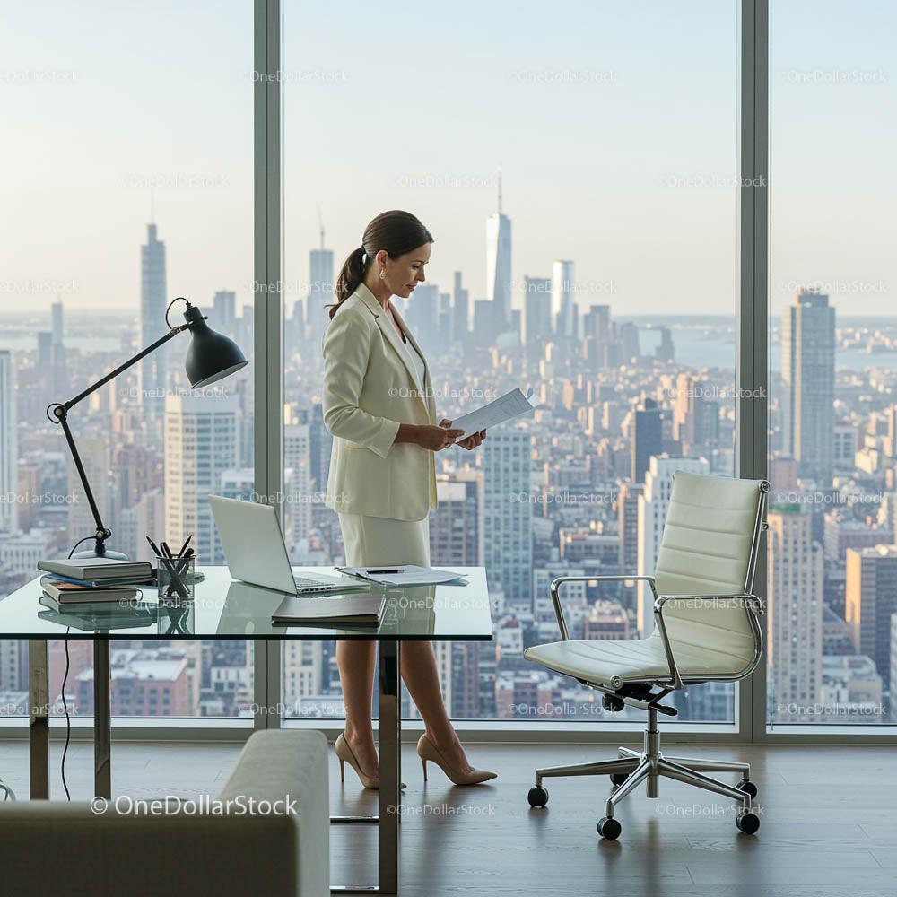 Businesswoman Analyzing Documents with City Skyline Backdrop
