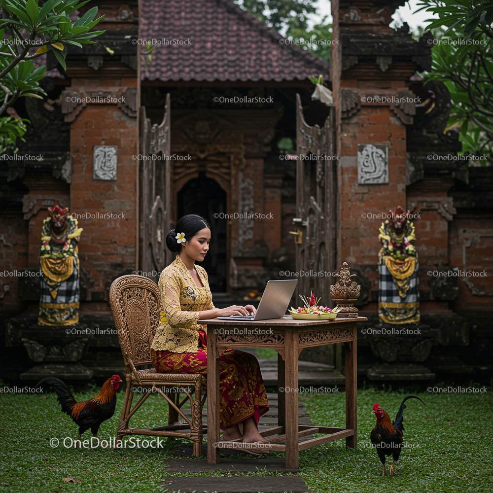 Balinese Woman Working on a Laptop in Traditional Attire