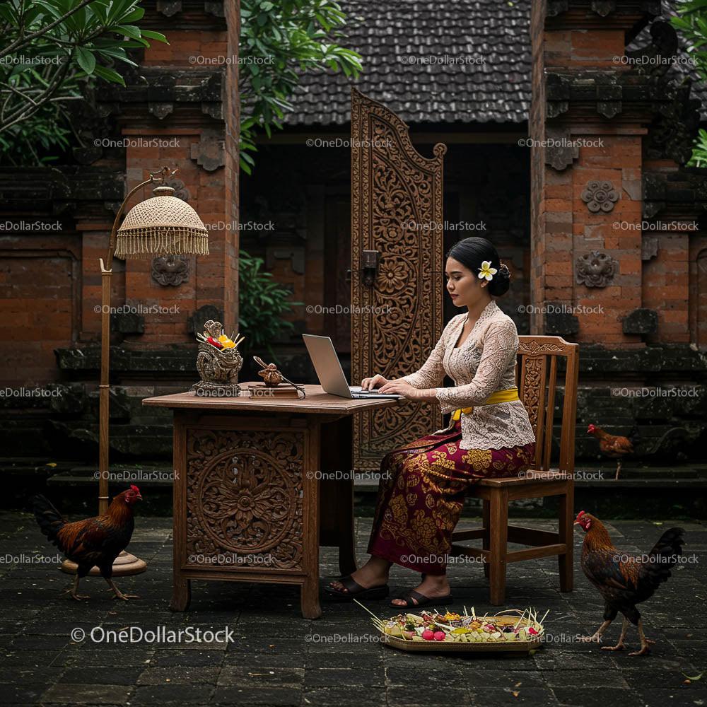 Woman in Traditional Attire Working Outdoors on Laptop