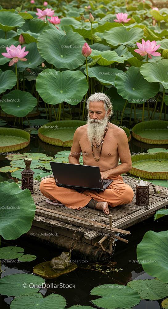 Man Meditating with Laptop Amidst Lotus Flowers on Pond